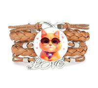Bracelet Ajustable En Cuir Tressé Marron Avec Motif Chat Cool Et Cœur Inf
