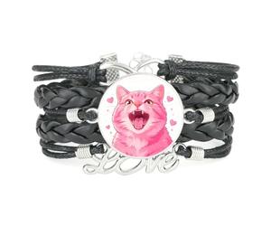 Bracelet Ajustable En Cuir Tressé Noir Avec Motif Chat Mignon Et Cœur Inf