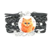Bracelet Ajustable En Cuir Tressé Noir Avec Motif Chat Persan Et Cœur Inf