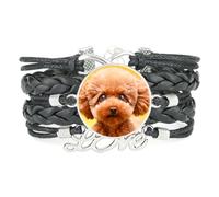 Bracelet Ajustable En Cuir Tressé Noir Happiness Big Eyes Teddy Dog Love