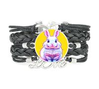 Bracelet Ajustable En Cuir Tressé Noir Infinity Fault Art Rabbit Love