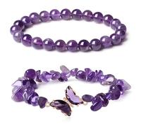 bracelet améthyste, 2 Pièces A décor de papillon en améthyste, Perles 8mm et Élastique Ajustable,bijoux fragment extensible,Bijoux Élégants pour Femme, Cadeau d'Anniversaire, Saint-Valentin ou Noël