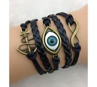 Bracelet - Ancre et œil bleu en bronze - Lien infini - Simili et cuir - Noir