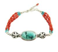 Bracelet Argent artisanal 'Heaven' turquoise corail argenté - 27x16 mm [Q5696]
