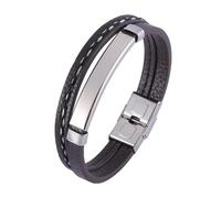 Bracelet Argent Jonc, Bracelet Homme Cuir Style Simple Double Couche en Acier Inoxydable 16.5cm