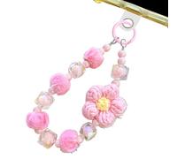 Bracelet avec breloque pour téléphone, chaîne à perles pour téléphone portable | Charm pour étui de téléphone avec boule en peluche et fleur en laine, porte-clés avec perles, dragonne créative pour