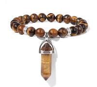 Bracelet avec pendentif en pierre naturelle verte - Perles d'eau douce naturelles - Pour homme et femme - Bijoux en cristal - 13 - Œil de tigre jaune - 19 cm