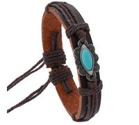 Bracelet Bohème Western En Cuir Marron En Forme De Fleur, Orné D'Une Pierre Turquoise. Ce Bracelet Manchette Tressé, Ajustable Et Fait Main, Est Unisexe Et Arbore Un Style Vintage Punk. Il Mesure