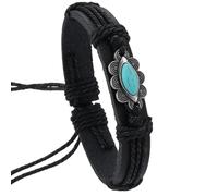 Bracelet Bohème Western En Cuir Noir En Forme De Fleur, Orné D'Une Pierre Turquoise. Ce Bracelet Manchette Tressé, Ajustable Et Fait Main, Est Unisexe Et Arbore Un Style Vintage Punk. Il Mesure 2