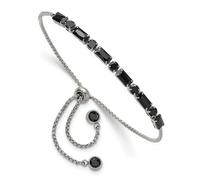 Bracelet Bolo réglable en acier inoxydable poli avec oxyde de zirconium noir 1,4 mm, taille unique, Zircone cubique Pierre précieuse Métal, Oxyde de zirconium