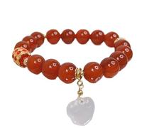 Bracelet, Bracelet extensible avec breloque porte-bonheur en calcédoine naturelle de 10 mm, perle ajourée émail, amulette spirituelle longévité, d'argent et prospérité(Red)