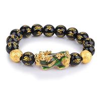 Bracelet, Bracelet Piyao Six Mots en cristal d'obsidienne noire naturelle, pierre mantra gravée, symbole de protection et richesse selon les principes du Feng Shui, for hommes femmes (6 12 mm)