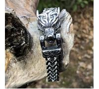 Bracelet Chaîne Viking King pour Homme avec Fermoir Tête de Loup Fenrir, Bracelet Manchette Motard Chaîne À Maillons Argent
