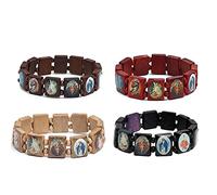 通用 Bracelet chapelet en bois, bracelet élastique Jésus avec photos de saints religieux, dieux saints catholiques, dieux saints, déesse, taille unique, Bois