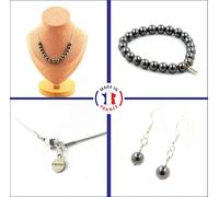 Bracelet Collier Boucles d'oreilles arborescentes Set 15 perles d'hématite 8 mm Chaîne en acier inoxydable