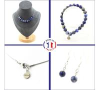 Bracelet Collier Pendentif Boucles d'oreilles Set 10 perles de lapis-lazuli du Pakistan qualité 5A 8 mm Chaîne en acier inoxydable