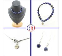 Bracelet Collier Pendentif Boucles d'oreilles Set 15 perles de lapis-lazuli du Pakistan qualité 5A 8 mm Chaîne en acier inoxydable