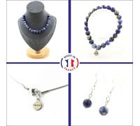Bracelet Collier Pendentif Boucles d'oreilles Set 20 perles de lapis-lazuli du Pakistan qualité 5A 8 mm Chaîne en acier inoxydable