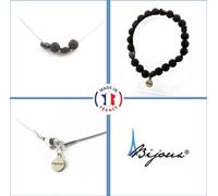 Bracelet Collier Set Lave + Tourmaline Perles de gravure du Brésil 8 mm Chaîne en acier inoxydable