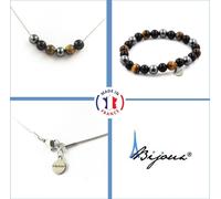 Bracelet Collier Set Perles d'Oeil de Tigre + Hématite + Agate Noire 8 mm Chaîne en acier inoxydable