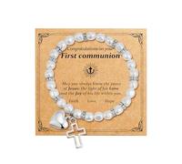 Bracelet communion fille avec croix et perles blanches Cadeau première communion fille religieux Bracelet croix argent symbole foi chrétienne Bijoux religieux pour baptême,confirmation ou profession