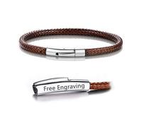 Bracelet Cordon Personnalisé Prénom Gravé Homme Femme Cuir Perles Acier Inoxysable Anneaux Gravure Personnalisable-Bijoux Cadeau Fete Des Père Mère Garçon Fille Anniversaire Couple Ami Marron-20 CM