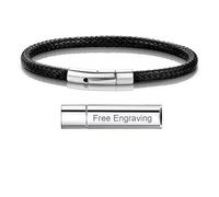 Bracelet Cordon Personnalisé Prénom Gravé Homme Femme Cuir Perles Acier Inoxysable Anneaux Gravure Personnalisable-Bijoux Cadeau Fete Des Père Mère Garçon Fille Anniversaire Couple Ami Noir-18 CM
