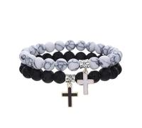 Bracelet Couple En Howlite Pierre Volcanique 8mm Lot De 2 Bracelets Noir Blanc Perlé Mat Set Élastique Avec Pendentif Croix Bijoux Naturels Pour Femme Homme Amitié Religion Style Minimaliste Amour