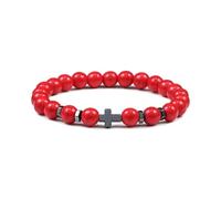 Bracelet Croix en Pierre Naturelle,Perles de Pierres Précieuses Naturelles de 8mm, Religieux,Bracelets Jésus, Porte-Bonheur Faits à La Main pour Femmes et Hommes,Rouge 8mm