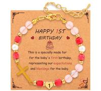 Bracelet Croix Numéro d'Anniversaire pour Filles Âgées 1 à 6 Ans, 1 2 3 4 5 6 Ans Joyeux Anniversaire Cadeau Ajustable Bracelet Perles Rose et Blanc pour Fille Cadeau Première Communion (1er)