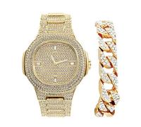 Bracelet Cubain Bling-ed Out avec Montre Oblong Iced Look Hip Hop - 8475BC Cuban 8475BC Cuban (8967 Gold Baguette) 8967 Gold Baguette