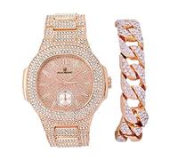 Bracelet Cubain Bling-ed Out avec Montre Oblong Iced Look Hip Hop - 8475BC Cuban 8475BC Cuban (or rose) 9 inches watch 9 inches bracelet rose gold