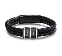 Bracelet Cuir Homme Personnalisé Nom - Noir Argent Bracelet en acier inoxydable - Cadeau pour Papa Fête des Pères Mari Saint Valentin Ami Noël (2 name)