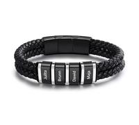 Bracelet Cuir Homme Personnalisé Nom - Noir Argent Bracelet en acier inoxydable - Cadeau pour Papa Fête des Pères Mari Saint Valentin Ami Noël (4 name)