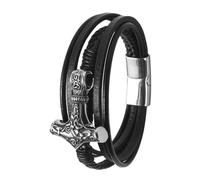 Bracelet Cuir Viking Mjolnir Pour Hommes - Bracelet Marteau D'Odin Thor's Hammer Acier Inoxydable Tressé Multicouche Vintage Nordique - Bracelets Bracelet À Boucle Enroulée Avec Fermeture(Silver_21CM)