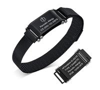 Bracelet d'alerte médicale pour homme - Personnalisé - Acier inoxydable - Bracelet en maille réglable - Gravure - Bracelet d'identification médicale d'urgence pour hommes - Noir - Bracelet d'urgence