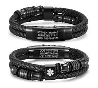 Bracelet d'alerte médicale SOS personnalisé pour homme - En cuir - Avec gravure nom, numéro de téléphone - Diabète épilepsie - Allergie - Bracelets d'urgence médicale pour hommes et adultes, Acier