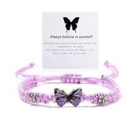 Bracelet d'amitié en corde tressée réglable avec breloques papillon « Always Believe in Yourself » - Violet, rose, rouge, noir, bleu - Bracelet porte-bonheur - Bracelet d'amitié assorti pour femme