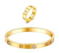 Bracelet d'amitié plaqué or 18 carats avec bague pour femme - Bracelet ovale simple à charnière en oxyde de zirconium - Cadeau idéal pour la fête des mères, la Saint-Valentin, 5-10, Métal, Zircone