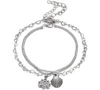 Bracelet de cheville 2 pièces Boho multi-couches coquille de lotus Bracelet de cheville en cœur cordon bijoux femme - Argent Durable Design