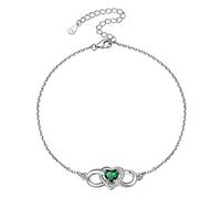 Bracelet de Cheville Coeur Emeraude Femme Argent 925 Infini Chaine de Pied Pendentif Zircon Jade Vert 6 mm 4 Griffes 22 cm Reglable Petit mai Cadeau Eternité Fille 15 ans Meilleur Amie Fiancaille