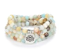 Bracelet de collier de 108 perles de prière chantant pour la méditation avec un petit charme de fleur de lotus (Amazonite)