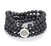 Bracelet de collier de 108 perles de prière chantant pour la méditation avec un petit charme de fleur de lotus (Pierre de lave noire (Black Lava Stone))