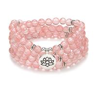 Bracelet de collier de 108 perles de prière chantant pour la méditation avec un petit charme de fleur de lotus (Tourmaline pastèque (Watermelon Tourmaline))