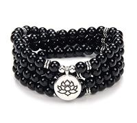 Bracelet de collier de 108 perles de prière chantant pour la méditation avec un petit charme de fleur de lotus (Agate noire (Black Agate))