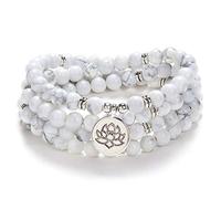 Bracelet de collier de 108 perles de prière chantant pour la méditation avec un petit charme de fleur de lotus (Howlite blanche (White Howlite))