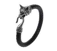 Bracelet de Corde en Cuir Tête de Loup Viking pour Homme - Bracelet Tressé en Cuir de Loup Odin en Acier Inoxydable Nordique - Couple Fashion Vintage Punk Hip Hop Animal Jewelry(25CM)