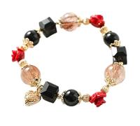 Bracelet de cristal naturel Feng Shui Charmure Lucky Rose Charm Hollow Out Heart Pendant Black Onyx Red Rutilated Quartz Bracelet élastique pour les femmes Feminité Love Bonne chance Prosperity