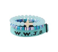 Bracelet de foi WWJD « Que ferait Jésus ? », bracelet extensible ajustable en argile, disques en vinyle Heishi et perles de pierre naturelle, bijou religieux à offrir aux femmes et aux hommes.(Blue)