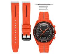 Bracelet de montre caoutchouc universel à dégagement rapide compatible avec Omega x Swatch MoonSwatch 20mm (LAVA orange - Ligne noir - Noir)